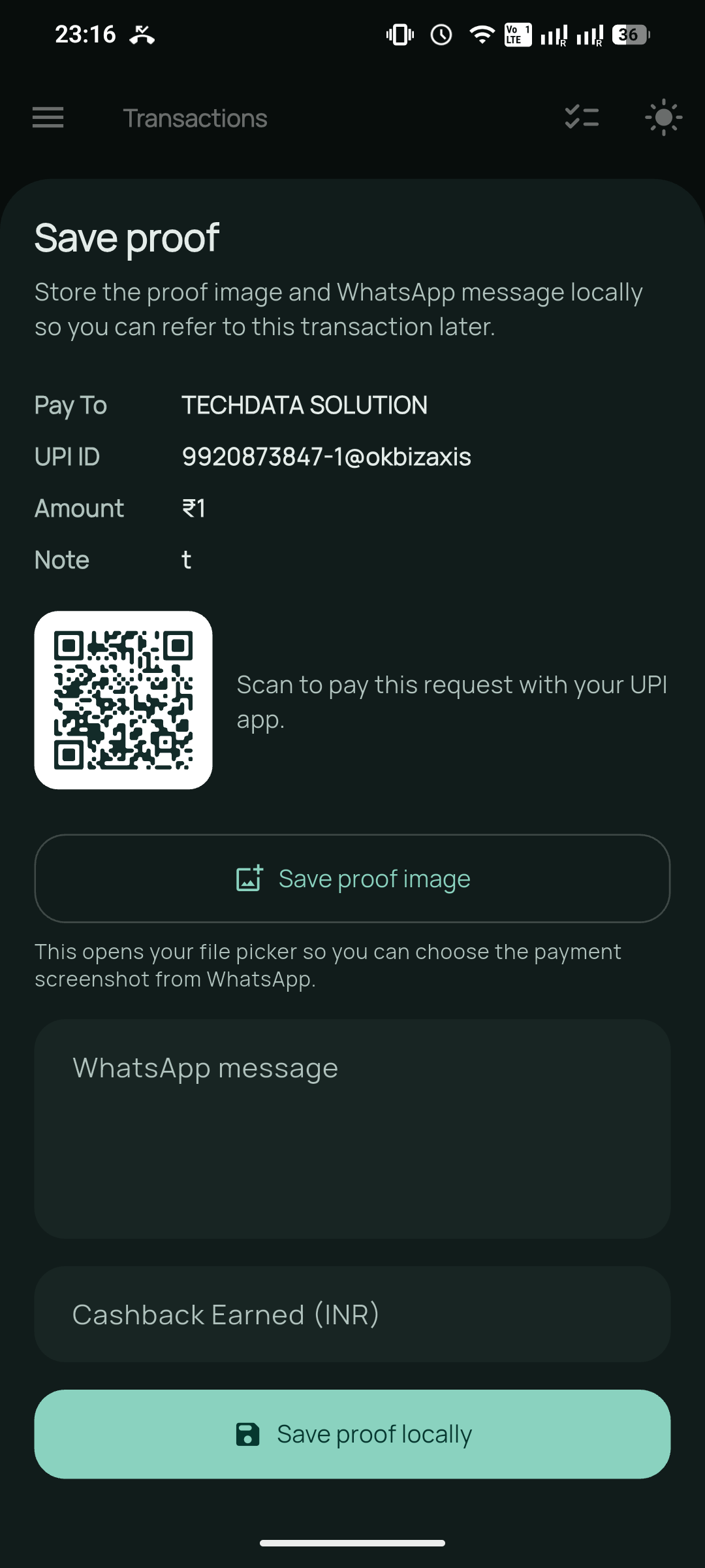 Save proof for a transaction screen